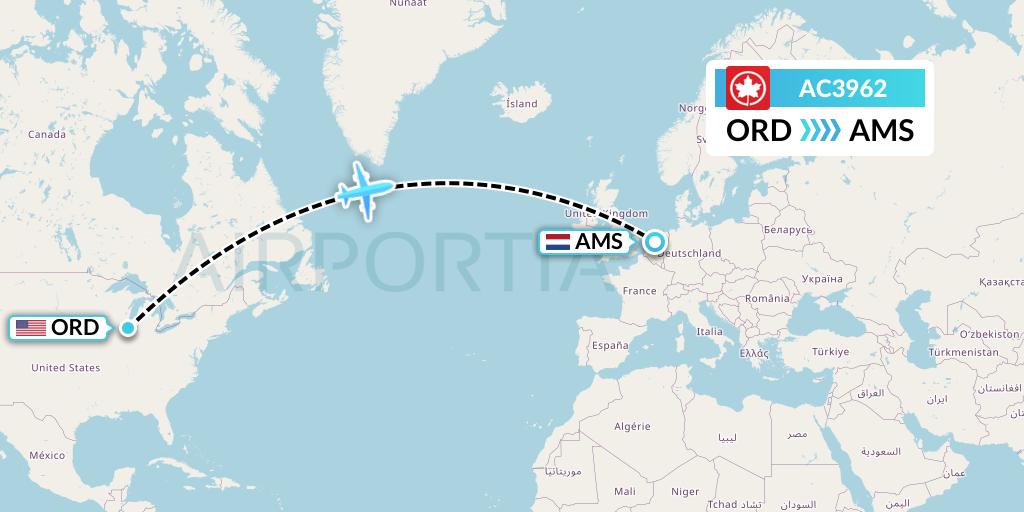 AC3962 Air Canada Flight Map: Chicago to Amsterdam