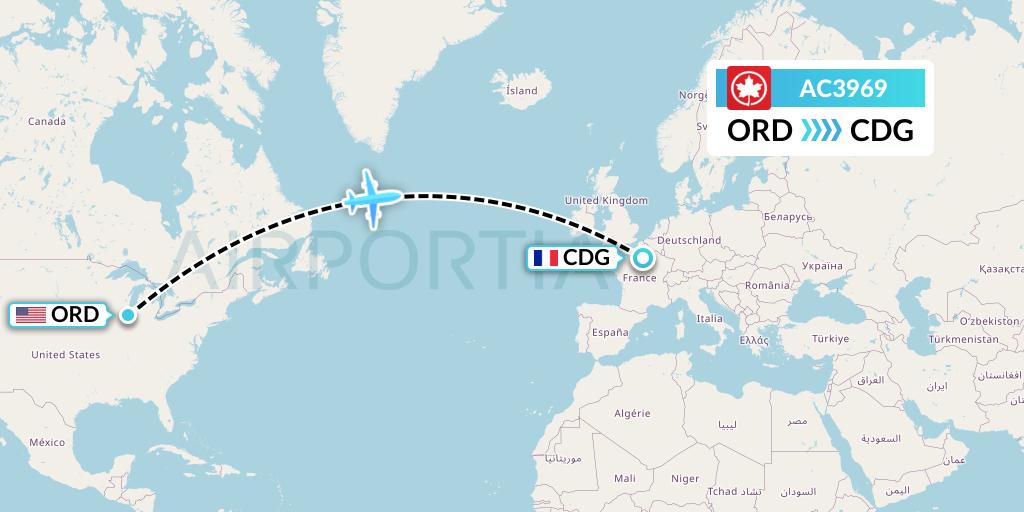 AC3969 Air Canada Flight Map: Chicago to Paris