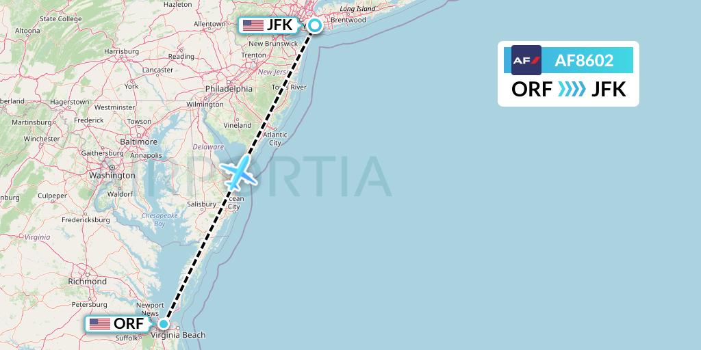 AF8602 Air France Flight Map: Norfolk to New York