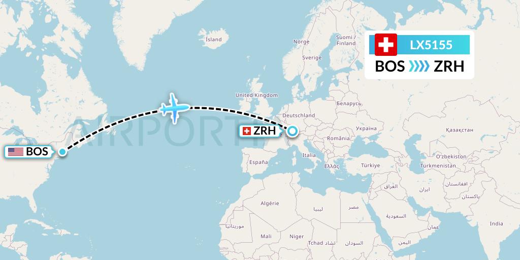 LX5155 Swiss Flight Map: Boston to Zurich