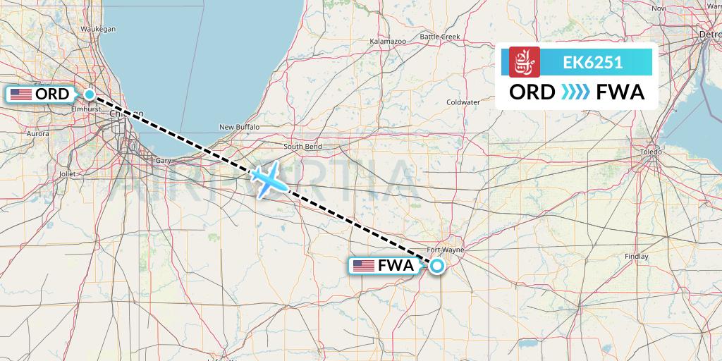 EK6251 Emirates Flight Map: Chicago to Fort Wayne
