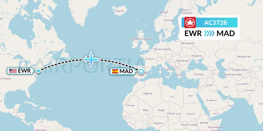 AC3728 Air Canada Flight Map: New York to Madrid