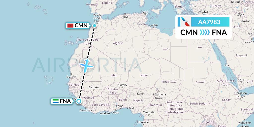 AA7983 American Airlines Flight Map: Casablanca to Freetown