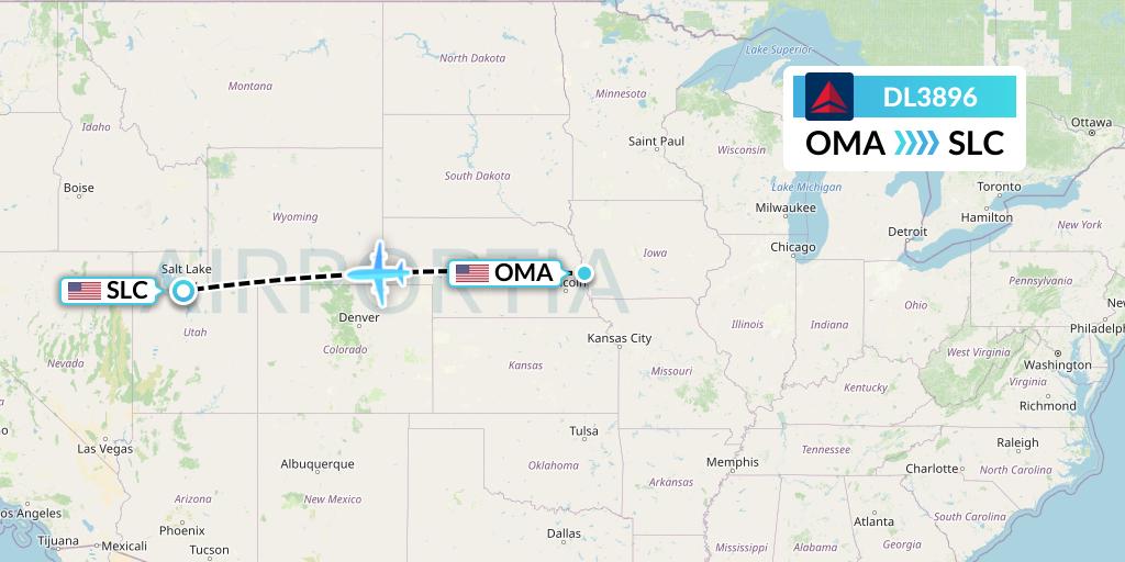DL3896 Delta Air Lines Flight Map: Omaha to Salt Lake City