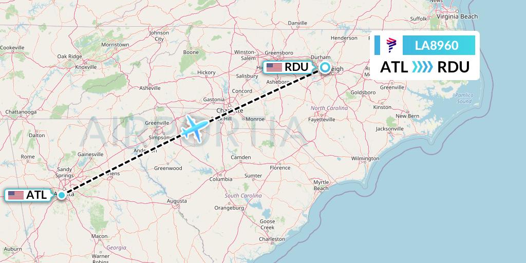 LA8960 LAN Airlines Flight Map: Atlanta to Raleigh-Durham