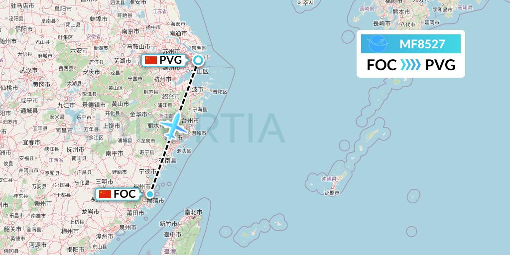 MF8527 Xiamen Airlines Flight Map: Fuzhou to Shanghai