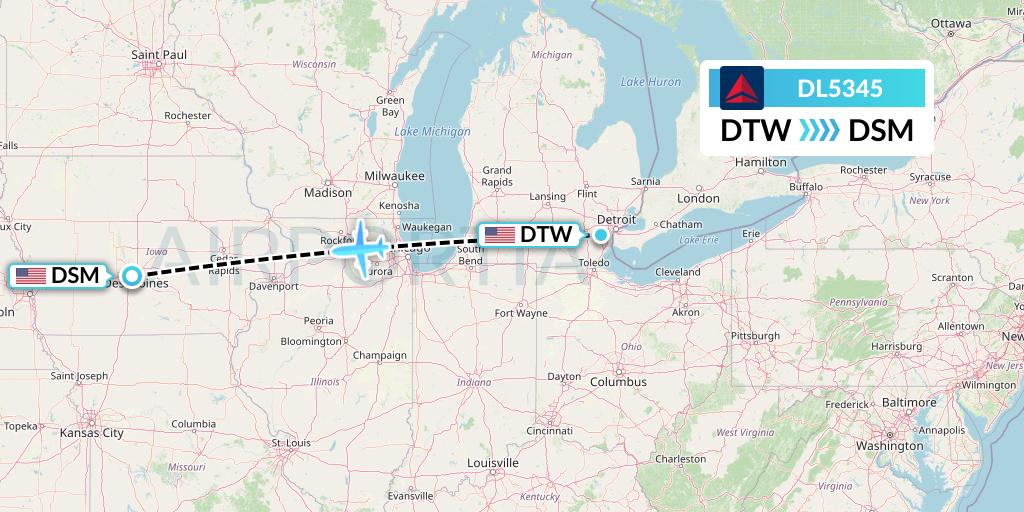 DL5345 Delta Air Lines Flight Map: Detroit to Des Moines