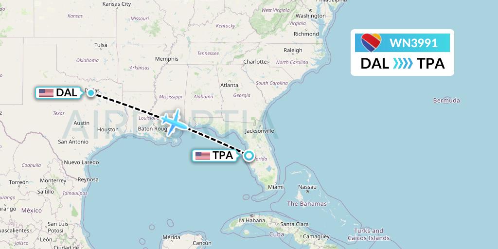 WN3991 Southwest Airlines Flight Map: Dallas to Tampa