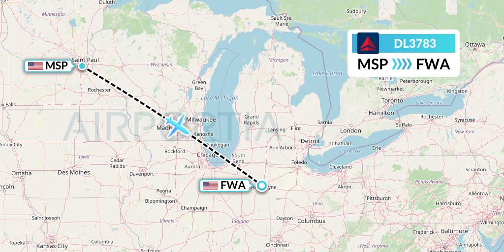 DL3783 Delta Air Lines Flight Map: Minneapolis to Fort Wayne