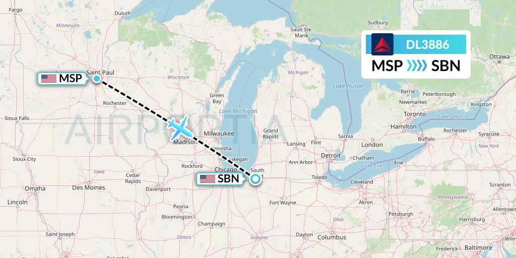 DL3886 Delta Air Lines Flight Map: Minneapolis to South Bend
