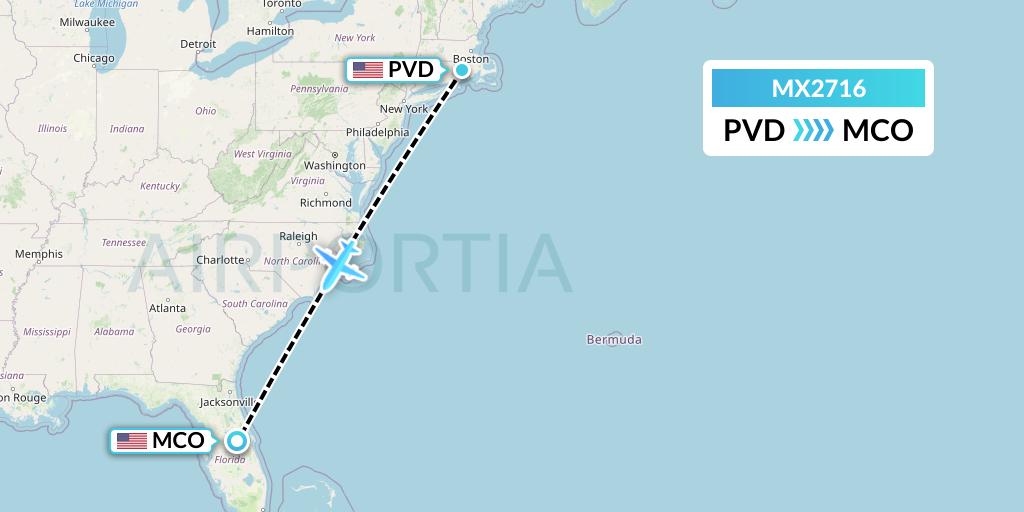 MX2716 Breeze Airways Flight Map: Providence to Orlando