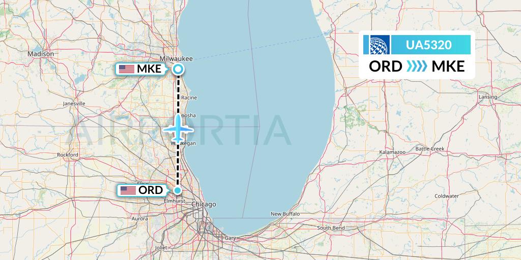 UA5320 United Airlines Flight Map: Chicago to Milwaukee