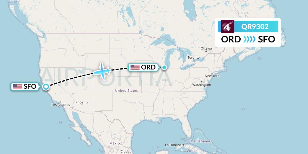 QR9302 Qatar Airways Flight Map: Chicago to San Francisco