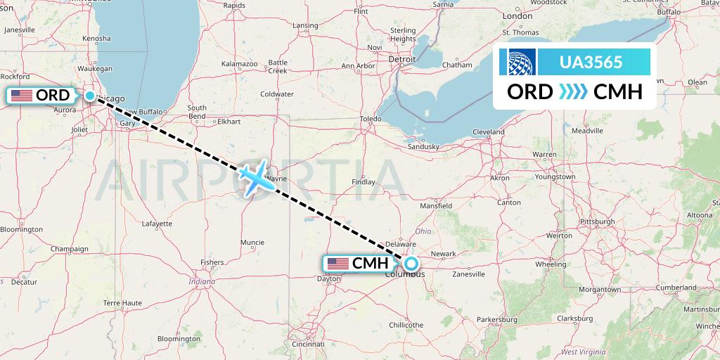 UA3565 United Airlines Flight Map: Chicago to Columbus