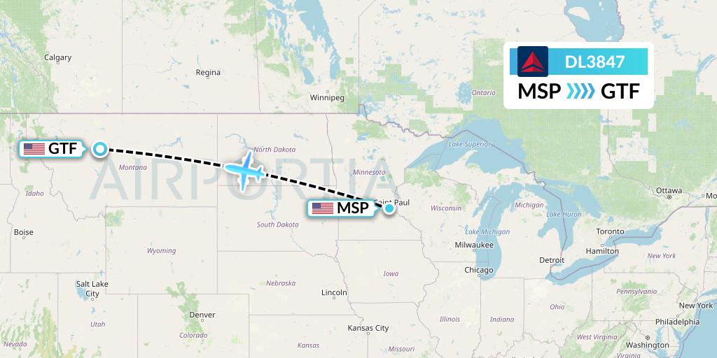 DL3847 Delta Air Lines Flight Map: Minneapolis to Great Falls