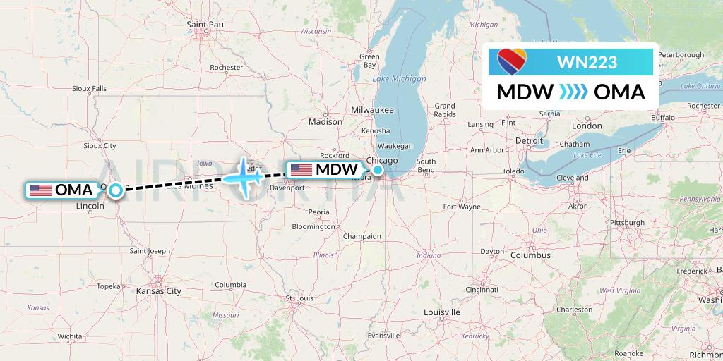 WN223 Southwest Airlines Flight Map: Chicago to Omaha