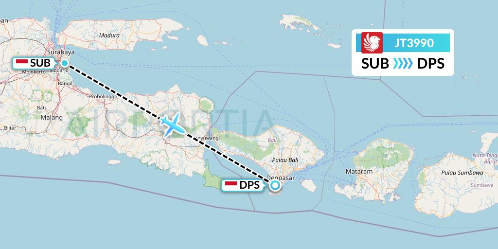 JT3990 Lion Airlines Flight Map: Surabaya to Denpasar