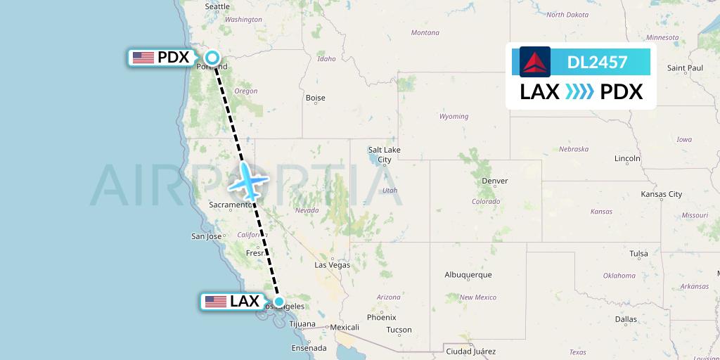DL2457 Delta Air Lines Flight Map: Los Angeles to Portland
