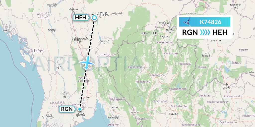 K74826 Air KBZ Flight Map: Yangon to Heho