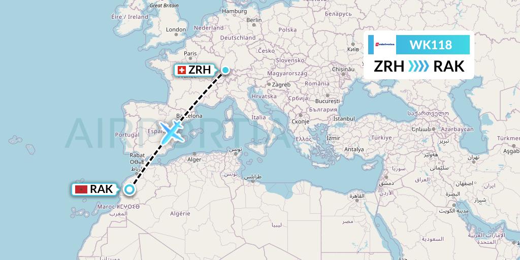 WK118 Edelweiss Air Flight Map: Zurich to Marrakesh
