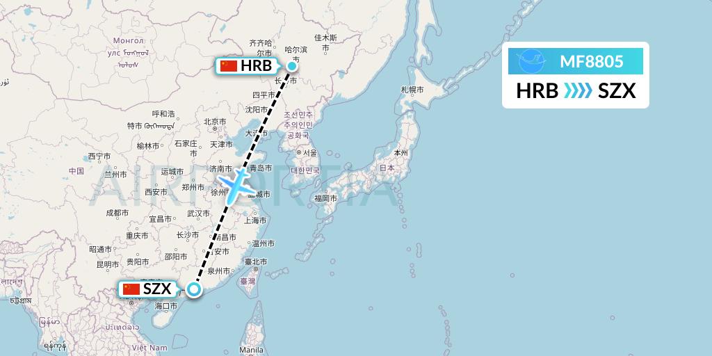 MF8805 Xiamen Airlines Flight Map: Harbin to Shenzhen