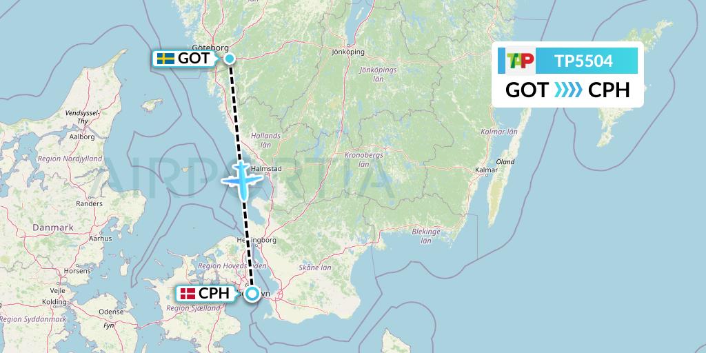 TP5504 TAP Portugal Flight Map: Gothenburg to Copenhagen