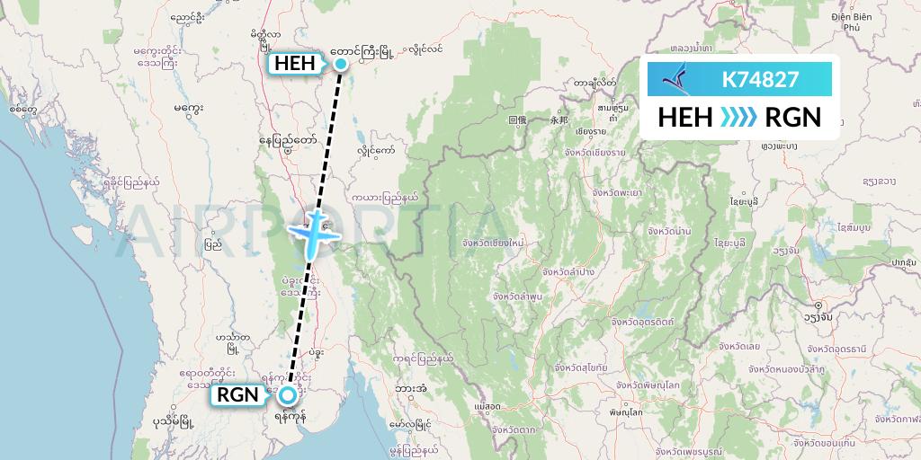 K74827 Air KBZ Flight Map: Heho to Yangon