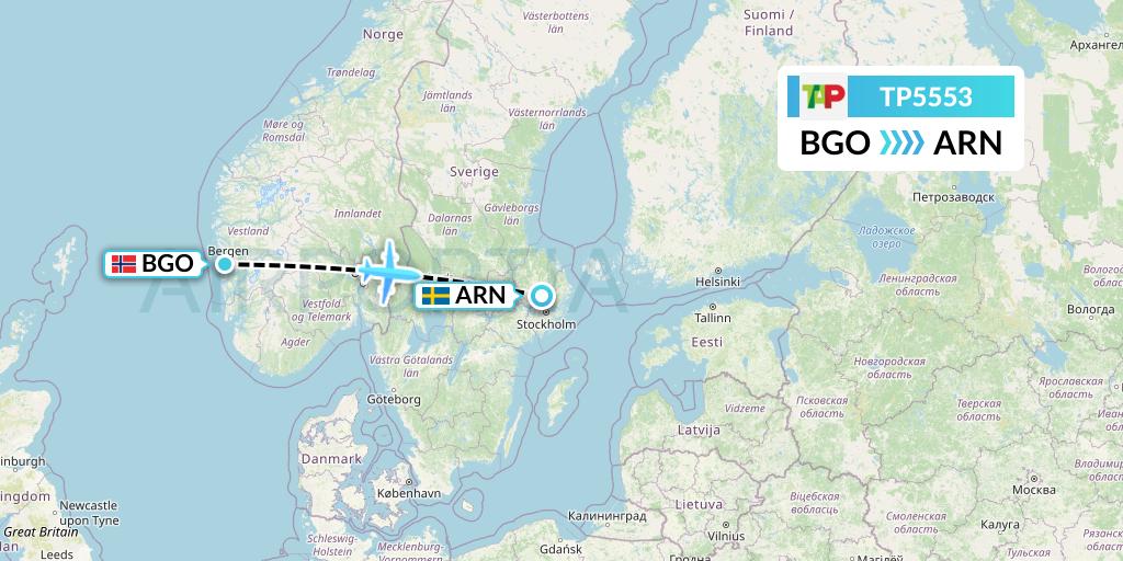 TP5553 TAP Portugal Flight Map: Bergen to Stockholm