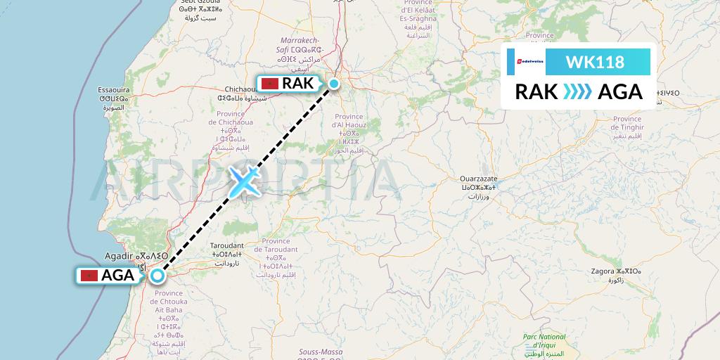 WK118 Edelweiss Air Flight Map: Marrakesh to Agadir