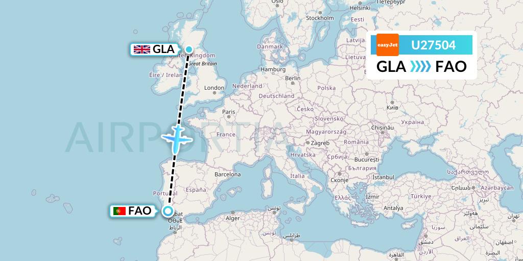 U27504 EasyJet Flight Map: Glasgow to Faro