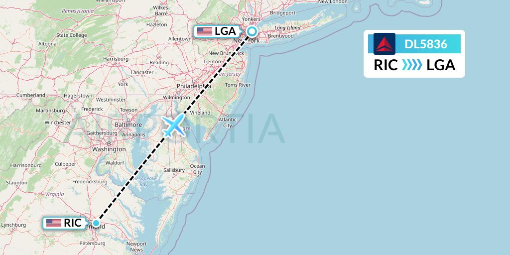 DL5836 Delta Air Lines Flight Map: Richmond to New York