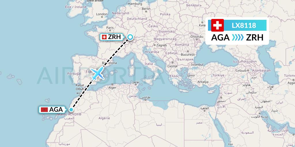 LX8118 Swiss Flight Map: Agadir to Zurich