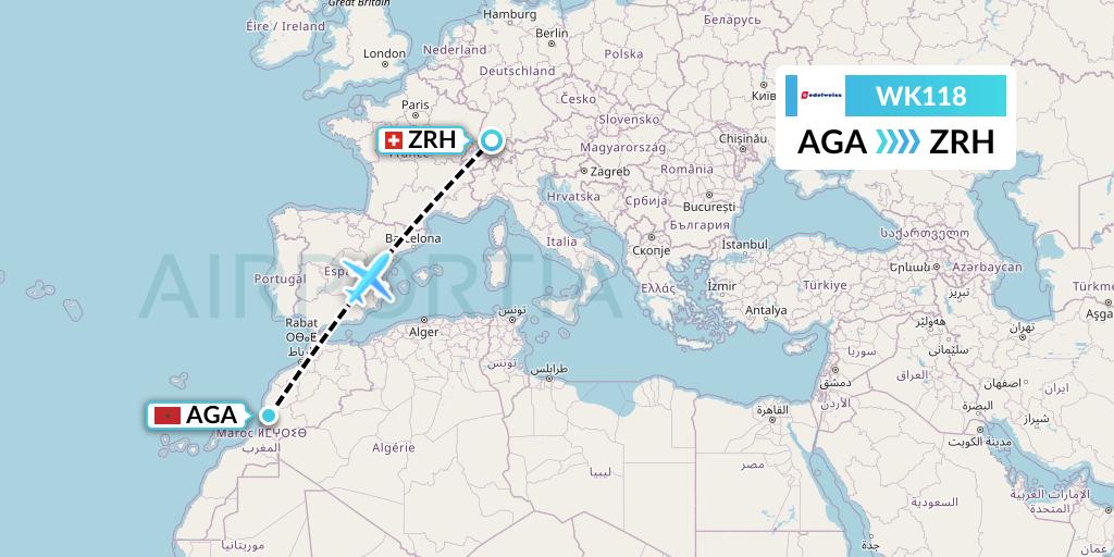 WK118 Edelweiss Air Flight Map: Agadir to Zurich