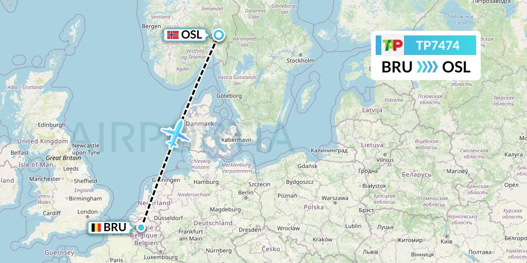 TP7474 TAP Portugal Flight Map: Brussels to Oslo
