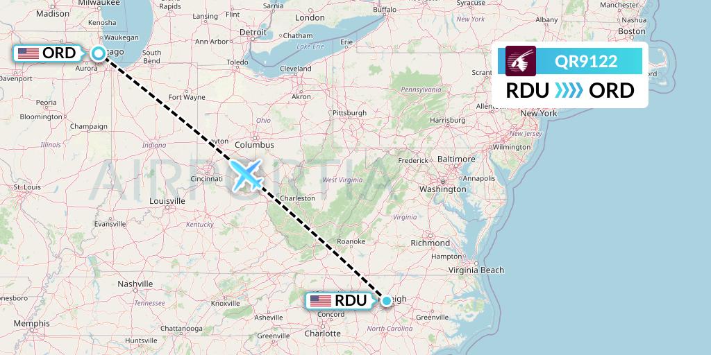QR9122 Qatar Airways Flight Map: Raleigh-Durham to Chicago