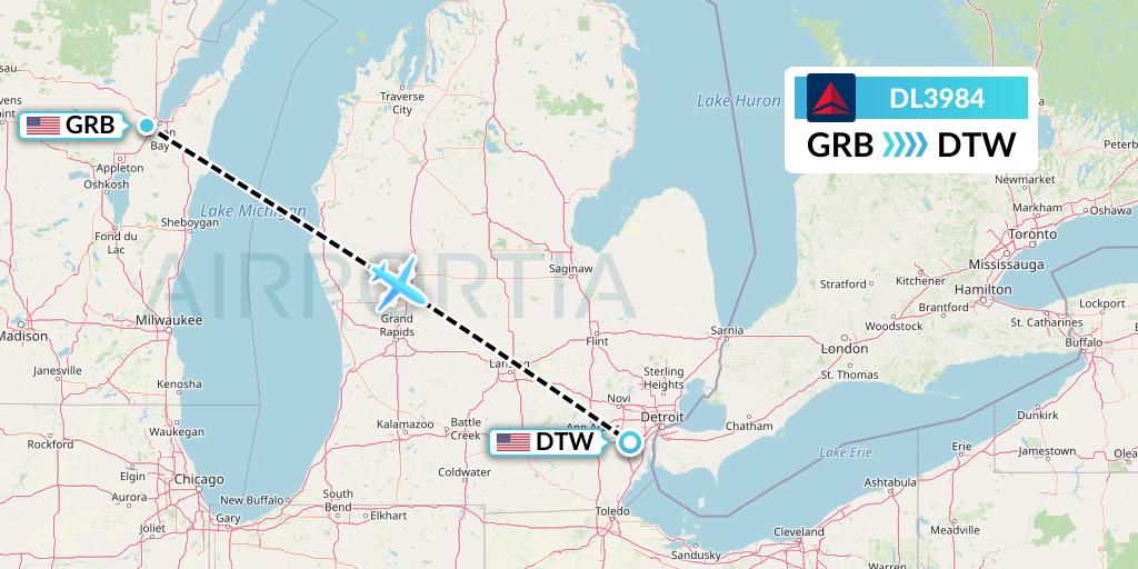 DL3984 Delta Air Lines Flight Map: Green Bay to Detroit