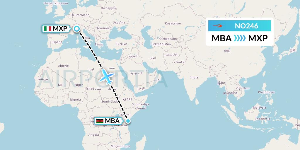 NO246 Neos Flight Map: Mombasa to Milan
