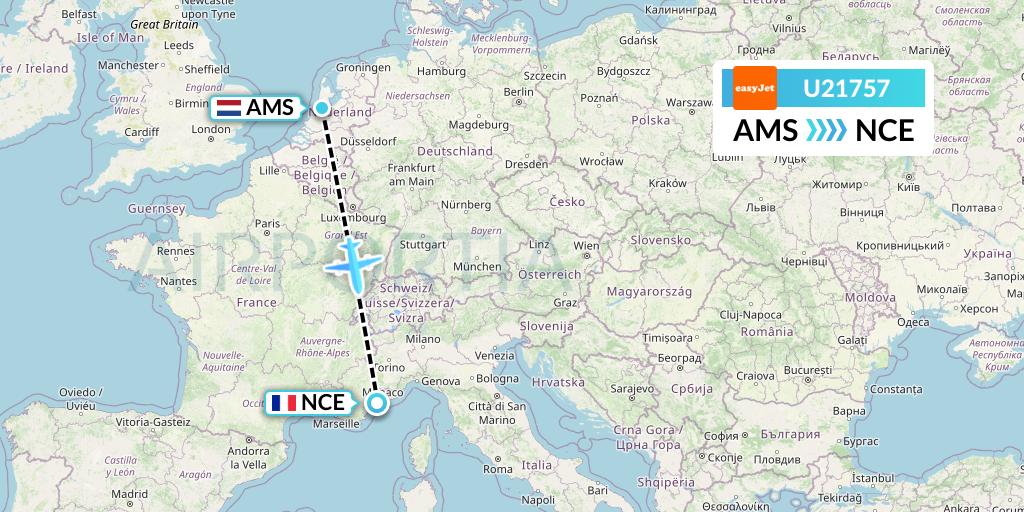 U21757 EasyJet Flight Map: Amsterdam to Nice