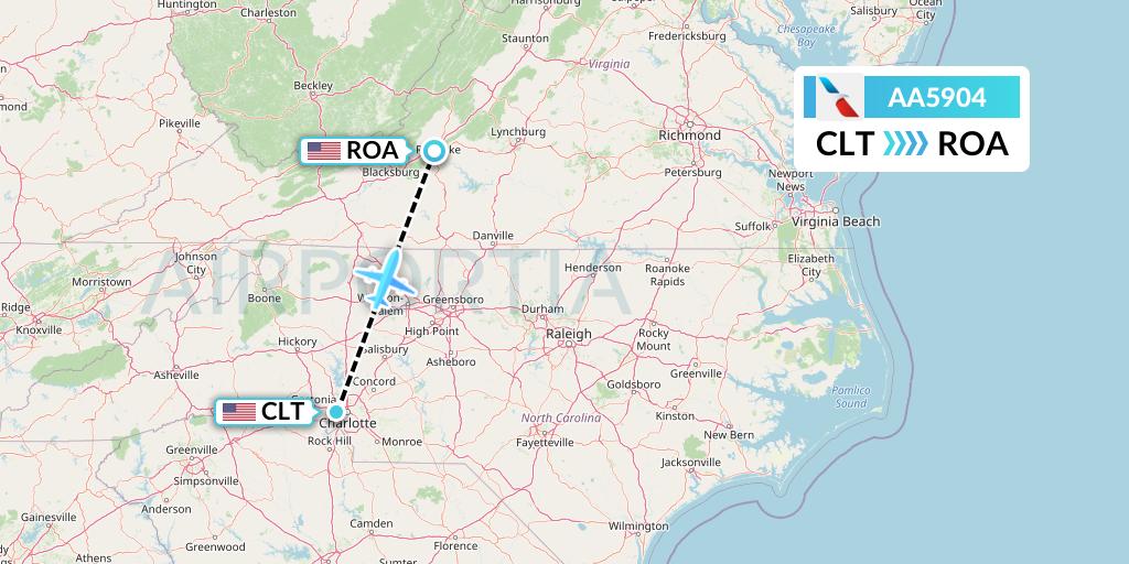 AA5904 American Airlines Flight Map: Charlotte to Roanoke