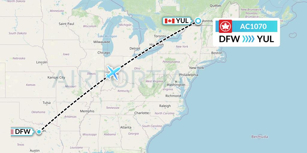 AC1070 Air Canada Flight Map: Dallas to Montreal