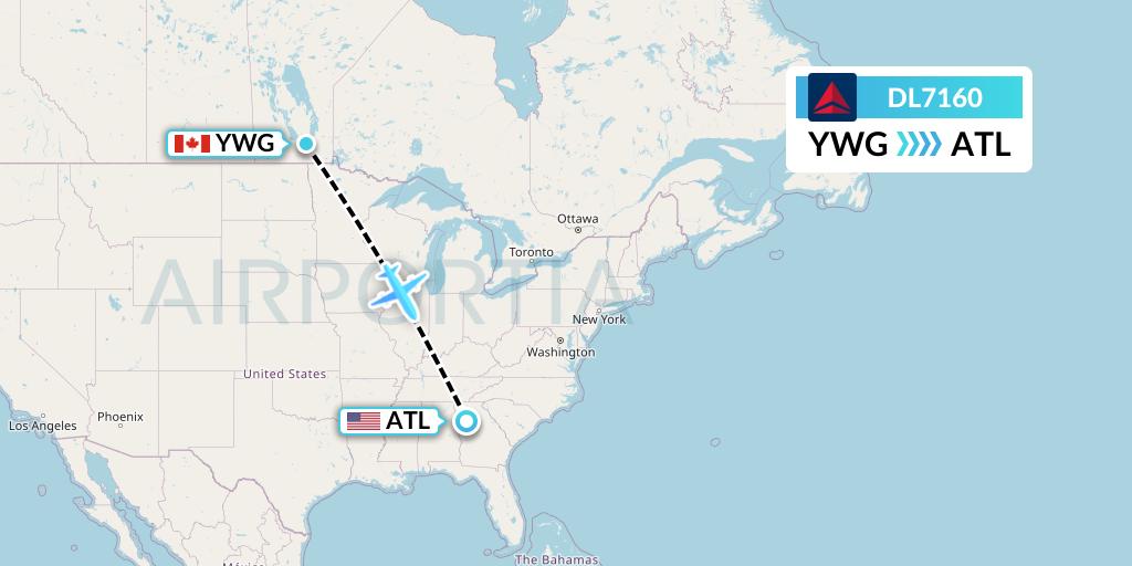 DL7160 Delta Air Lines Flight Map: Winnipeg to Atlanta