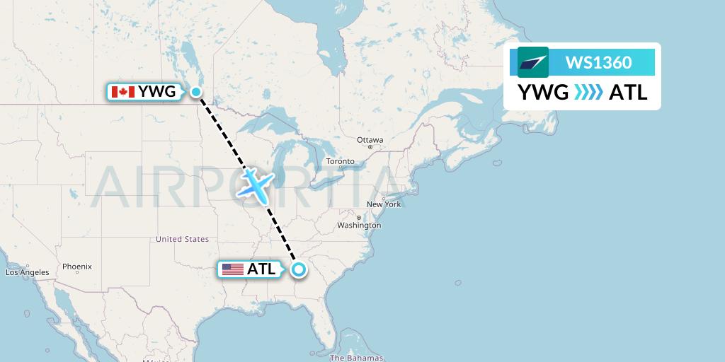 WS1360 WestJet Flight Map: Winnipeg to Atlanta