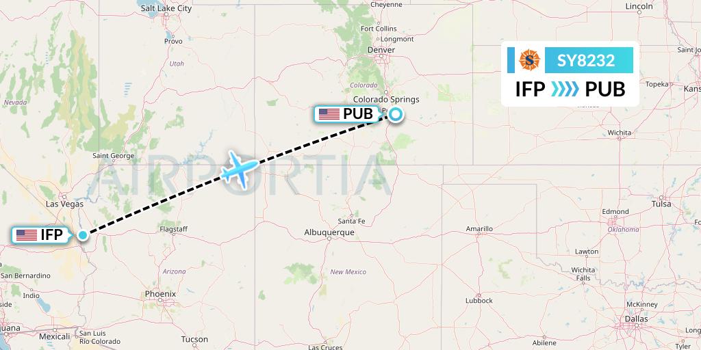 SY8232 Sun Country Airlines Flight Map: Bullhead City to Pueblo