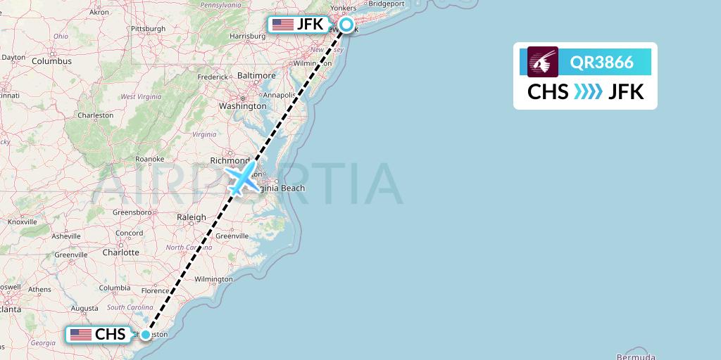 QR3866 Qatar Airways Flight Map: Charleston to New York