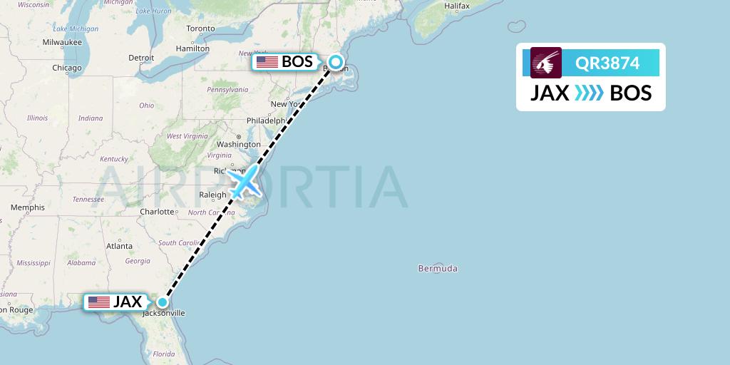 QR3874 Qatar Airways Flight Map: Jacksonville to Boston