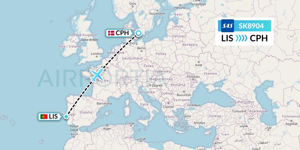 SK8904 SAS Flight Map: Lisbon to Copenhagen