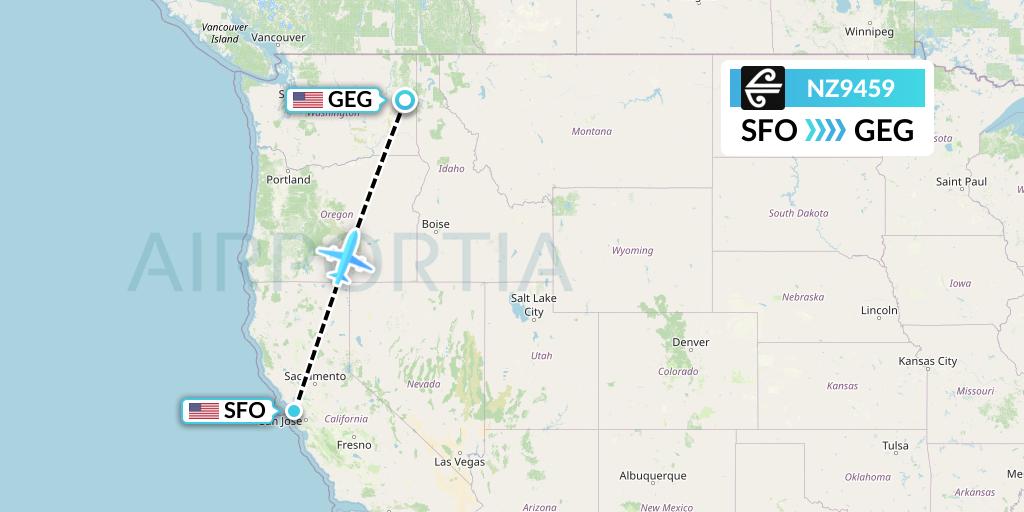NZ9459 Air New Zealand Flight Map: San Francisco to Spokane