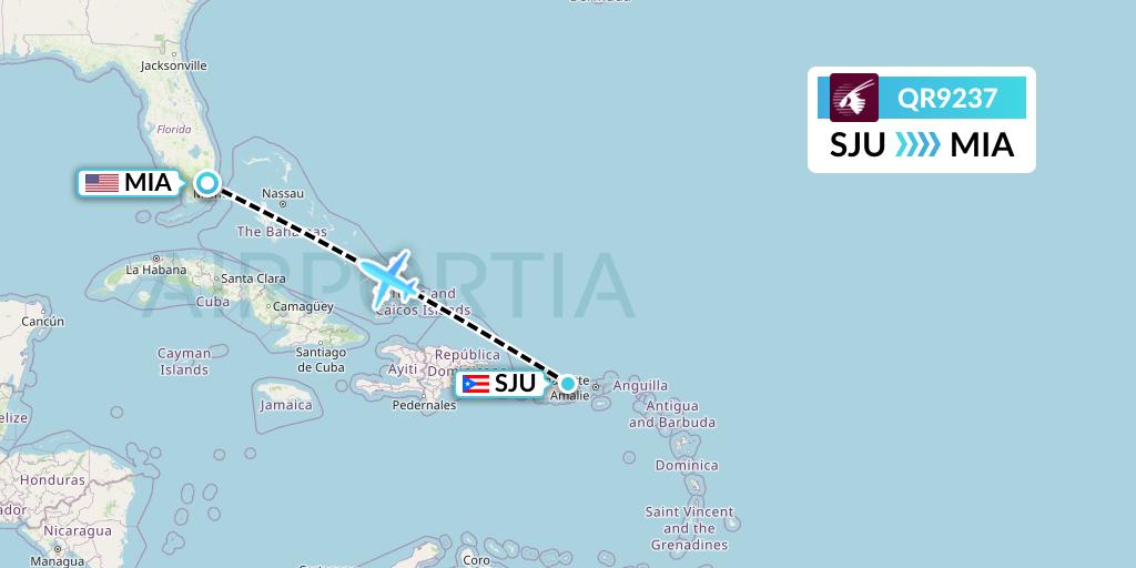 QR9237 Qatar Airways Flight Map: San Juan to Miami