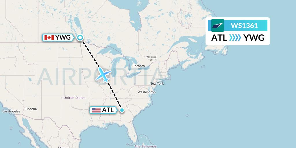 WS1361 WestJet Flight Map: Atlanta to Winnipeg