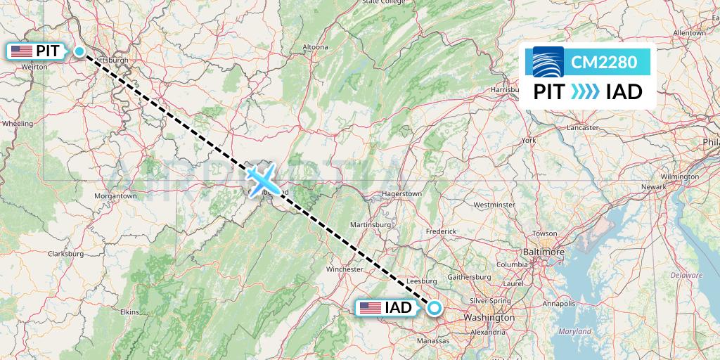 CM2280 Copa Airlines Flight Map: Pittsburgh to Washington